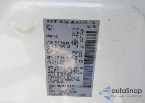 2016 Nissan Rogue Sl from USA, damaged, VIN 5N1AT2MV0GC810410